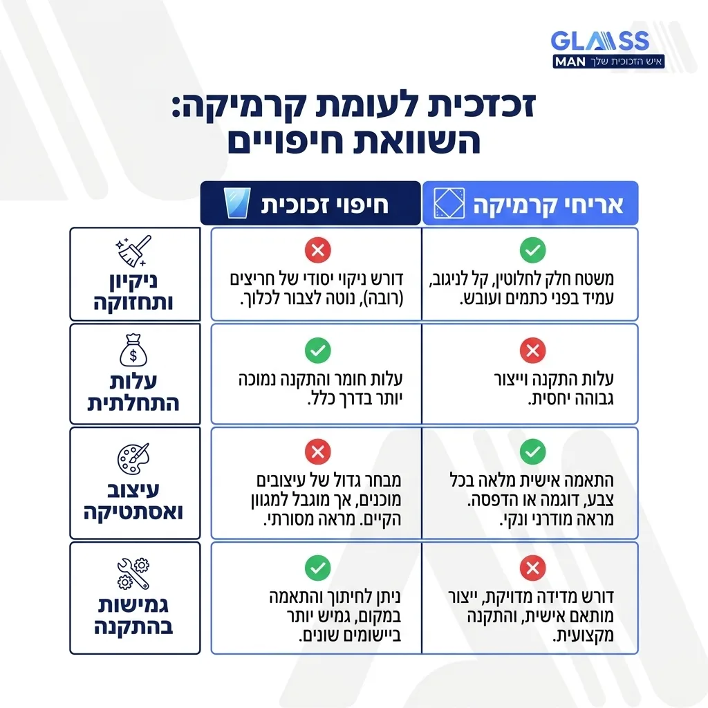 אינפוגרפיקה — זכוכית לעומת קרמיקה: השוואה בין חיפוי זכוכית, אריחי קרמיקה