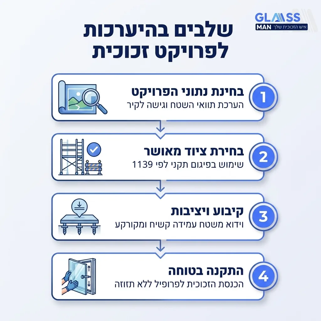 אינפוגרפיקה — שלבים בהיערכות לפרויקט זכוכית: בחינת נתוני הפרויקט, בחירת ציוד מאושר, קיבוע ויציבות, התקנה בטוחה