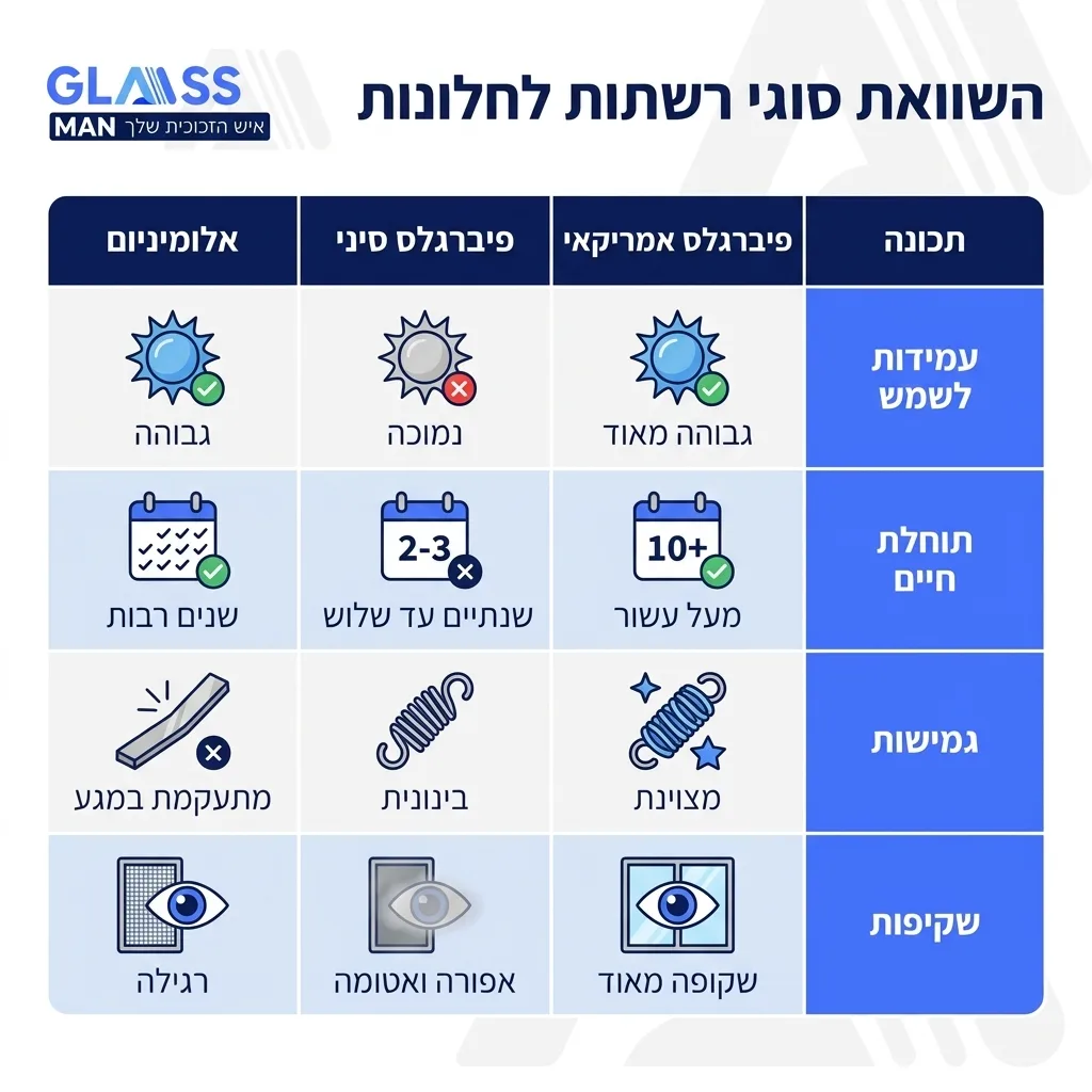 אינפוגרפיקה — השוואת סוגי רשתות לחלונות: השוואה בין פיברגלס אמריקאי, פיברגלס סיני, אלומיניום