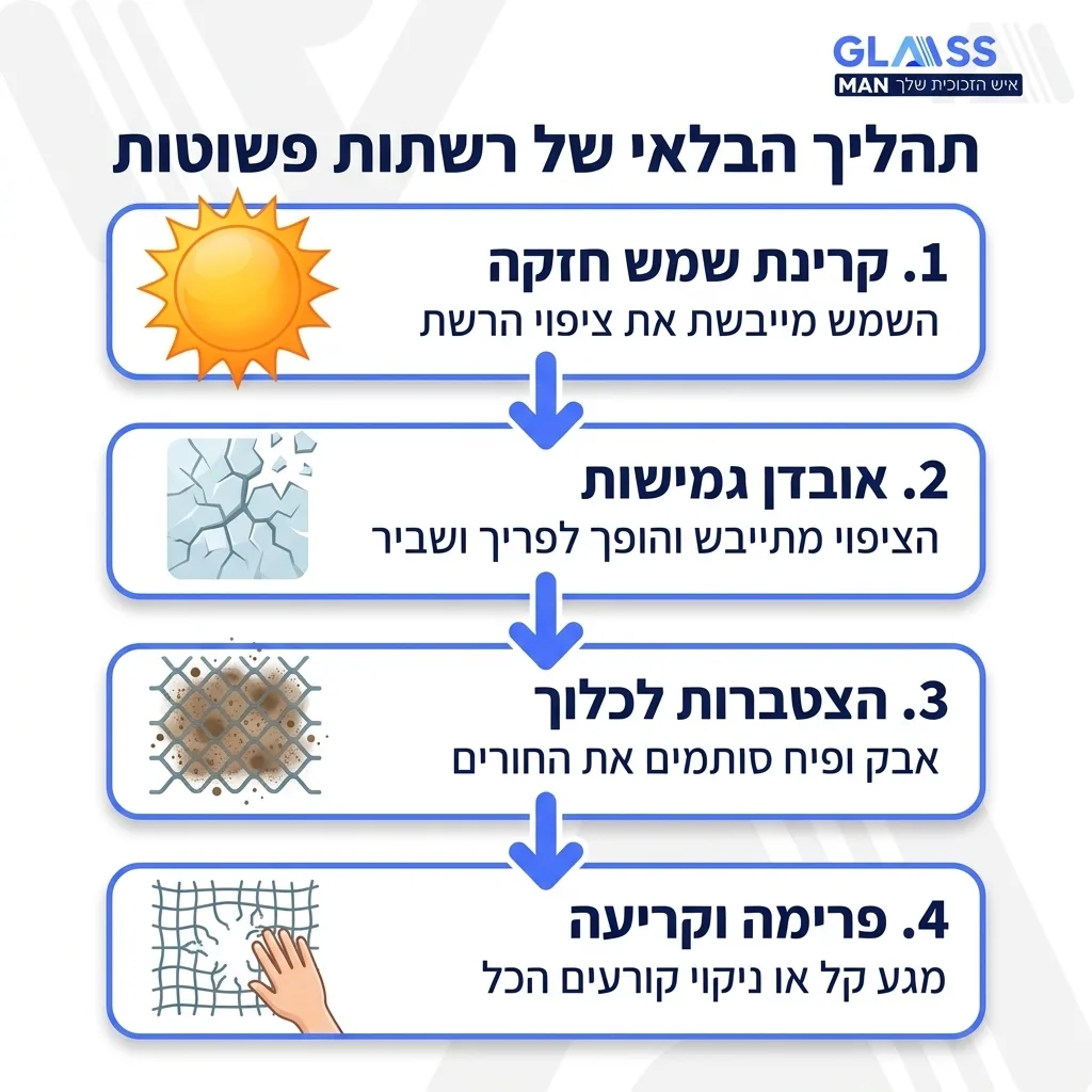 אינפוגרפיקה — תהליך הבלאי של רשתות פשוטות: קרינת שמש חזקה, אובדן גמישות, הצטברות לכלוך, פרימה וקריעה
