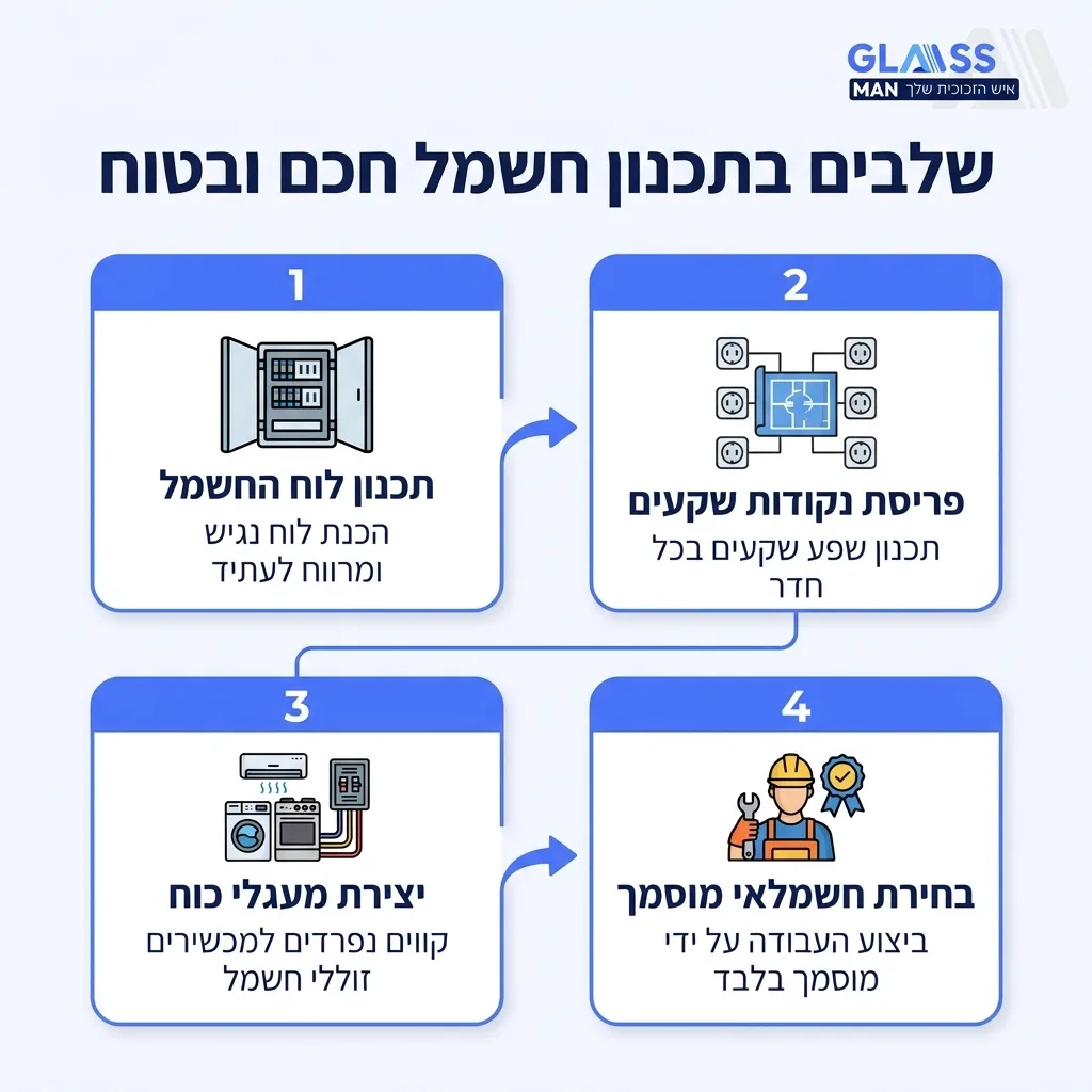 אינפוגרפיקה — שלבים בתכנון חשמל חכם ובטוח: תכנון לוח החשמל, פריסת נקודות שקעים, יצירת מעגלי כוח, בחירת חשמלאי מוסמך