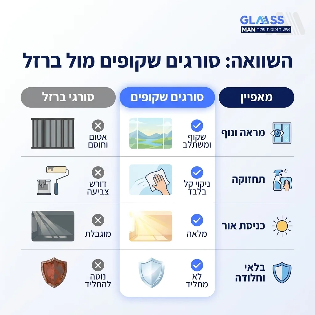 אינפוגרפיקה — השוואה: סורגים שקופים מול ברזל: השוואה בין סורגים שקופים, סורגי ברזל