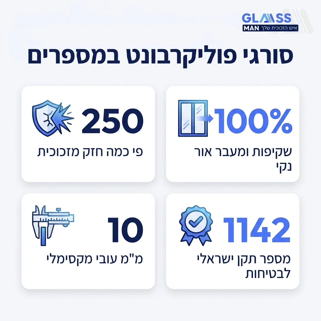 אינפוגרפיקה — סורגי פוליקרבונט במספרים: פי כמה חזק מזכוכית, שקיפות ומעבר אור נקי, עובי מקסימלי במילימטרים, מספר תקן ישראלי לב