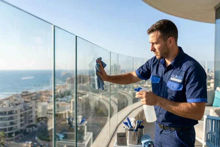 אדם מנקה מעקה זכוכית מבריק במרפסת שמש ביום בהיר.